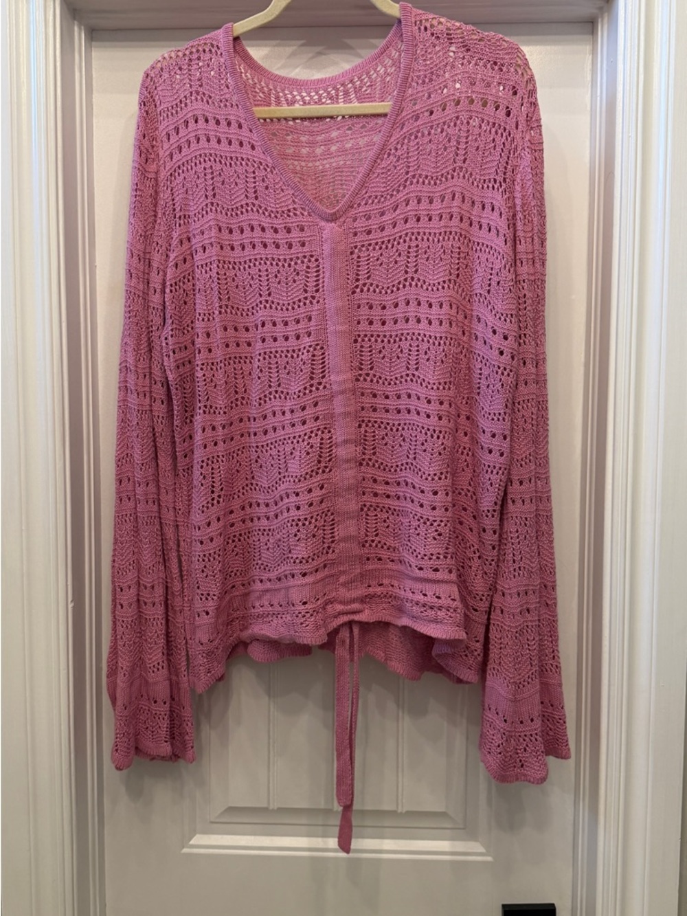 Pink Crochet V-Neck Drawstring Sweater - Picture 2 of 4